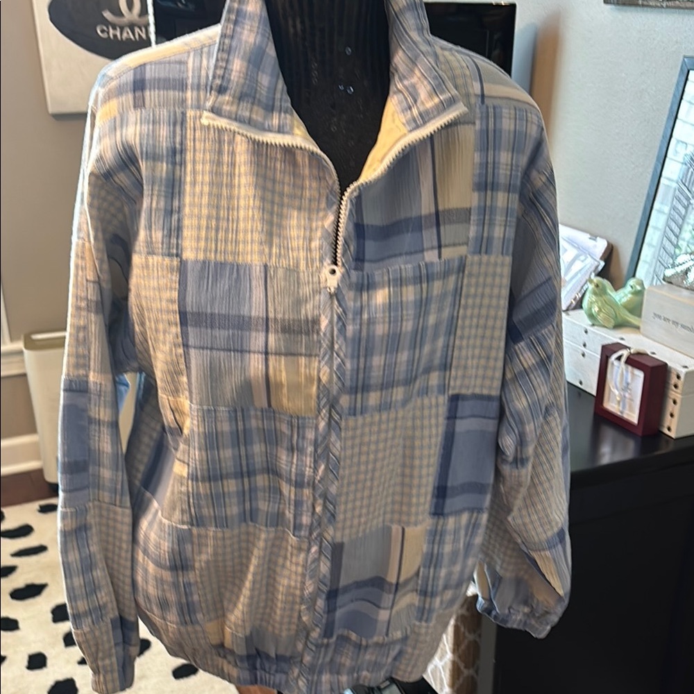 Vintage patchwork Plaid Zip-Up Jacket in Blue and Cream size small-medium